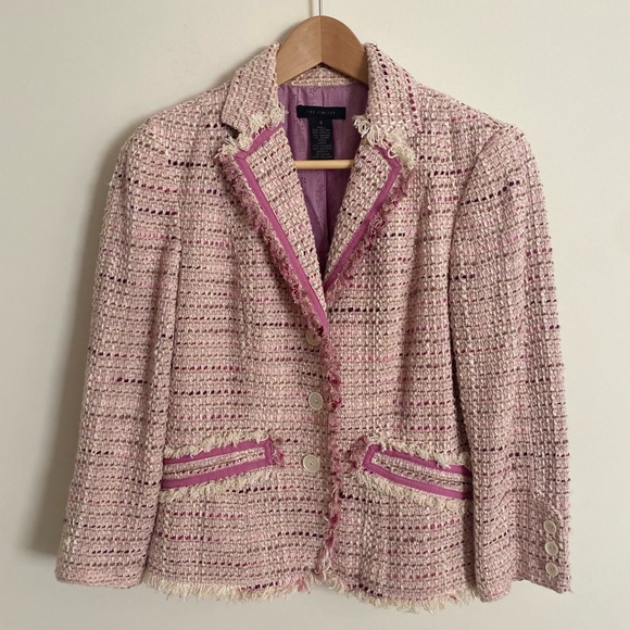 BOUCLE JACKET Lavender Pink & Beige 3/4 Length Sleeve Button Front Size SMALL - Picture 2 of 7
